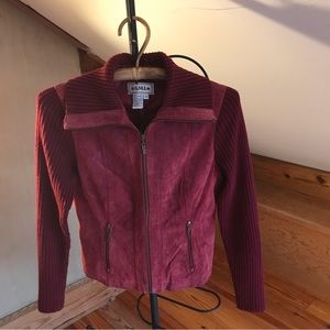 AMI Red Maroon Leather Suede Bomber Jacket, EUC, S